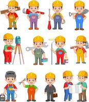 Diverse Team Of Construction Workers Use Various Tools And Equipment. Collaboration And Building Trade Professions vector
