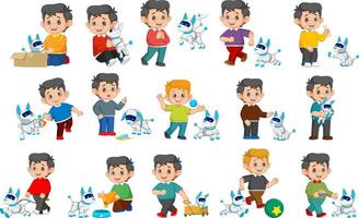 boys playing with mechanical pets. Happy smiling children and spending time with robotic dogs. Modern robot technology concept. vector