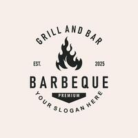 retro concept logo design barbeque bbq grill with simple concept of meat grill, symbol template illustration with fire and spatula design for restaurant brand, bar, cafe, shop vector