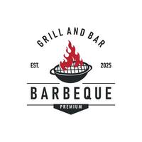 retro logo design barbeque bbq grill with simple concept of meat grill, symbol template illustration with fire and spatula design for restaurant brand, bar, cafe, shop vector