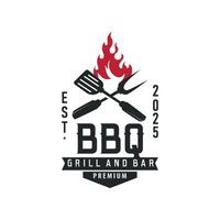 retro vintage concept logo design barbeque bbq grill simple concept of meat grill, symbol template illustration with fire and spatula design for restaurant brand, bar, cafe, shop vector