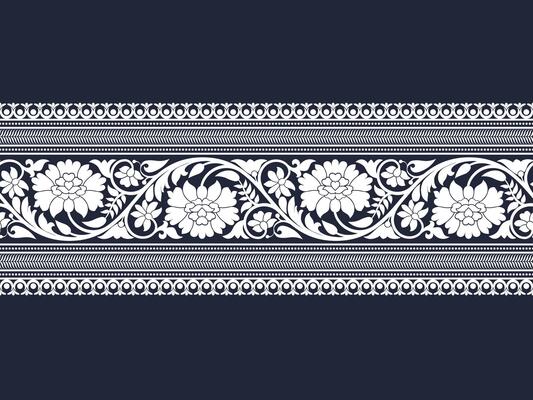 White zig zag floral lace border pattern stripe on denim blue background for decorations, fabric prints, table runner, and other prints