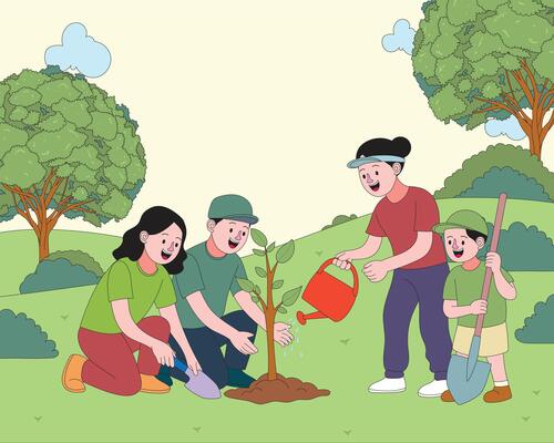 Group of diverse people planting a tree together to celebrate World Environment Day. Flat style eco illustration for sustainability, nature care, and climate action concept.
