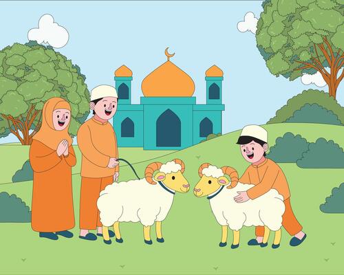 Flat cartoon style illustration of a Muslim family celebrating Eid al-Adha with sacrificial sheep near the mosque. A joyful Islamic festival promoting tradition, community, and religious values