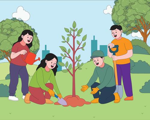 Cartoon flat illustration of adults planting a young tree in nature for World Environment Day. Promotes teamwork, sustainability, and environmental awareness through group eco activity