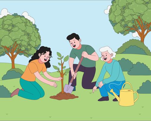 Flat cartoon illustration of people from different generations planting a tree together for World Environment Day. Great for eco awareness, sustainability, and community care themes.