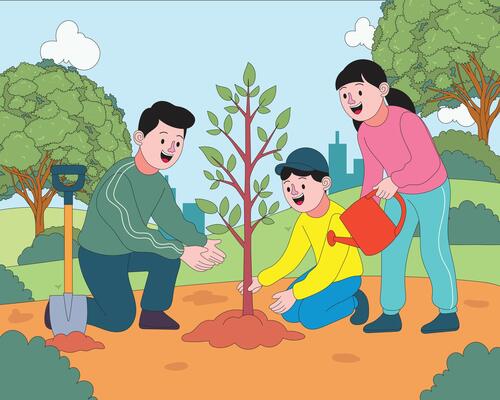 Flat cartoon style illustration of family with children planting a tree in a city park for World Environment Day. Ideal for themes of sustainability, urban green space, and eco lifestyle