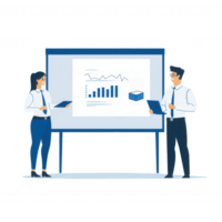 Two professionals presenting a data analysis report on a digital screen, showcasing graphs and statistics in a modern office setting. png
