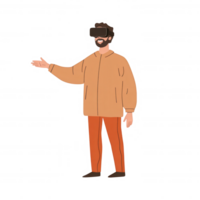Young man wearing a virtual reality headset, engaging in an immersive digital experience. Ideal for showcasing advancements in technology and virtual reality concepts. png