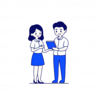Two professionals smiling and discussing a project while holding a tablet. Ideal for conveying teamwork and collaboration in a modern work environment. png