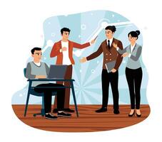 Professional team collaborating in a modern office setting with digital devices. vector