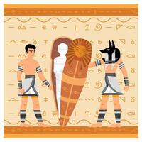 Ancient Egypt, Mummification Scene with Characters and Hieroglyphic Background. vector