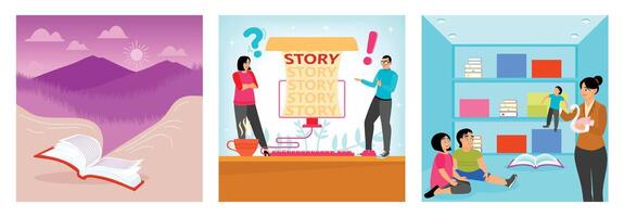 Getting lost in a Open Book. Creative Team Discussing Ideas. School Children Listen to Stories. vector