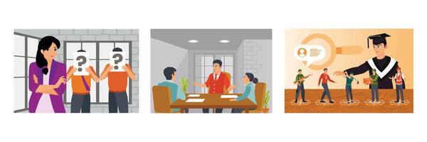 Employee with People Holding Question Mark. Interview Job Applicant. Graduates Have Career Choices. vector