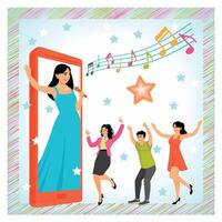 Virtual Concert Celebration With Singing and Dancing on a Live Streaming App. vector