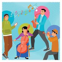 Group of Musicians and Listeners Enjoying an Artistic Ensemble Performance. vector