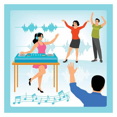 Party Scene with Female DJ and Dancing Crowd in Vibrant Atmosphere.