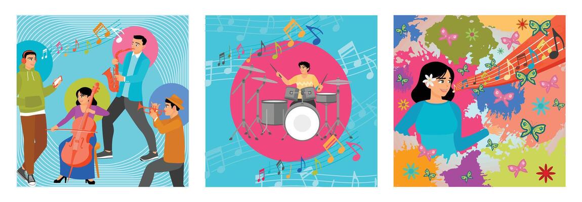 Artistic Ensemble Performance. Young Drummer Performing On. A Female Singing with Music Notes.
