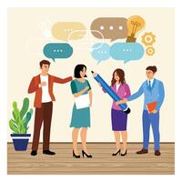 A group of workers communicate with speech bubbles. vector