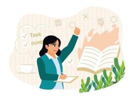 A businesswoman organizes and improves workflow by completing tasks. vector