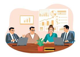 Collaborative business meeting with professionals discussing data and strategy. vector