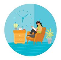 Woman Relaxing at Home While Playing Tablet and Using Headset. vector
