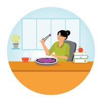 Woman Enjoying Snacks Using Chopsticks at the Table During Weekend at Home. vector