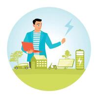 Man Demonstrating Renewable Energy Solutions With Technology and Eco-Friendly Innovations. vector
