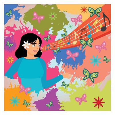 A Female Singing with Music Notes Flowing from Her Mouth.