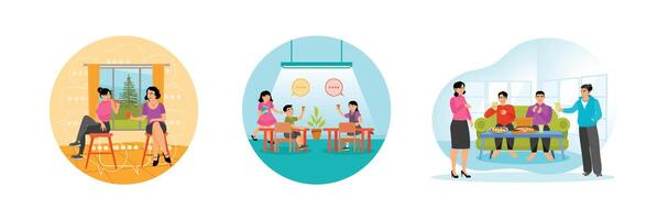 Talk About Something. Sharing Drinks in the Canteen. Friends spend time together. vector