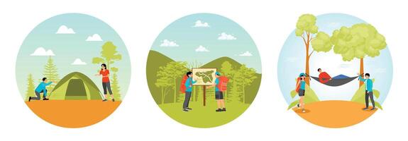 Couple Setting Up a Tent. Checking Hiking Route Map. Enjoying a Hammock. vector