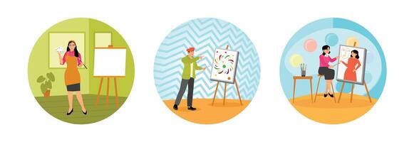 Artist Holding Palette. Creating Painting as Hobby in Studio. Sitting at the Easel and Painting. vector