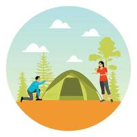 Two People Setting Up a Tent in a Forested Campsite. vector