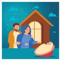 Holy Family with a Newborn Child in a Nativity Scene. vector