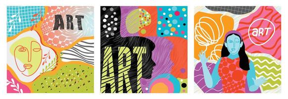 Line Art Face Drawing. Silhouettes and Abstract Patterns. A Woman and Vibrant Artistic Elements. vector