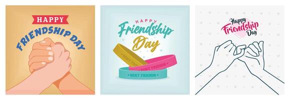 Hands Shaking in Unity and Support. Three Rubber Bracelets for Best Friends. Friends Pinky Promise. vector