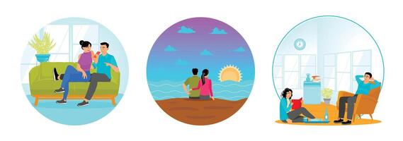 Couple Relaxing Sitting on the Couch. Watching Sunset on the Beach. Relaxing and Reading a Book. vector