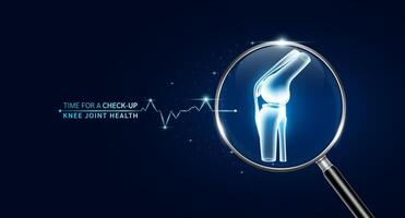 Knee joint bone inside magnifying glass with scan search and blue glowing neon heart pulse. Health care and medical check up too innovative digital technology. Body health checkup examining organ. vector