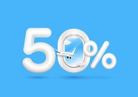 Travel season promotion up to 50 off. Number five and cloud in plane window with the percent symbol is in front with airplane on a blue background. For design tourism advertising media. vector
