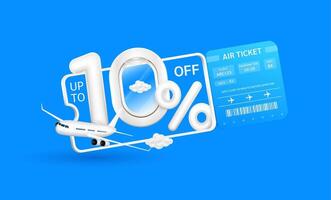 Promotion up to 10 off flight booking. Plane floats out of the ticket with number one airplane window and percent symbol. For design tourism ads media. Air travel concept. 3D illustration. vector