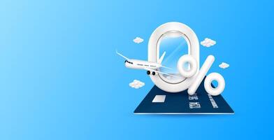 Travel season promotion 0 percent interest. Airplane float away from plane window cloud on credit card with percent symbol is in front. For design tourism ads media. Banner empty space for text. vector