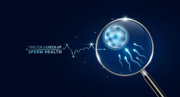 Sperm egg cell inside magnifying glass with scan search and blue glowing neon heart pulse. Health care and medical check up too innovative digital technology. Body health checkup examining organ. vector