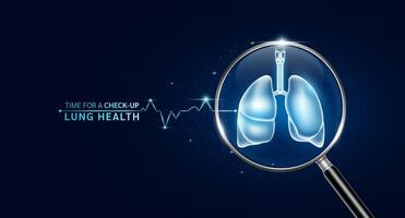 Lung inside magnifying glass with scan search and blue glowing neon heart pulse. Health care and medical check up too innovative digital technology. Body health checkup examining organ. vector