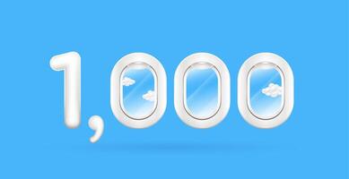 Travel season promotion. Up to 1,000. Number one and cloud in airplane window on a blue background. For design tourism advertising media. 3D . vector