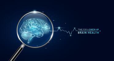 Brain inside magnifying glass with scan search. Health care medical check up too innovative futuristic digital technology. Body health checkup examining organ and blue glowing neon heart pulse. vector