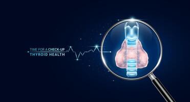 Thyroid gland inside magnifying glass with scan search and blue glowing neon heart pulse. Health care and medical check up too innovative digital technology. Body health checkup examining organ. vector