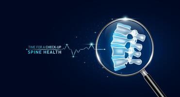 Spine bone inside magnifying glass with scan search and blue glowing neon heart pulse. Health care and medical check up too innovative digital technology. Body health checkup examining organ. vector