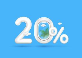 Travel season promotion up to 20 off. Number two and coconut tree cloud in airplane window with the percent symbol front on a blue background. For design tourism advertising media. vector
