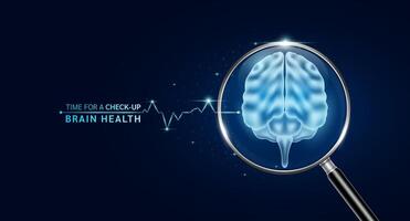 Brain inside magnifying glass with scan search and blue glowing neon heart pulse. Health care and medical check up too innovative digital technology. Body health checkup examining organ. vector