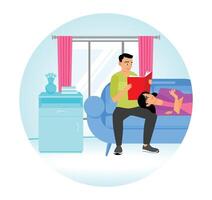 Man Reading Book on Sofa While His Girlfriend Lies on His Lap. vector